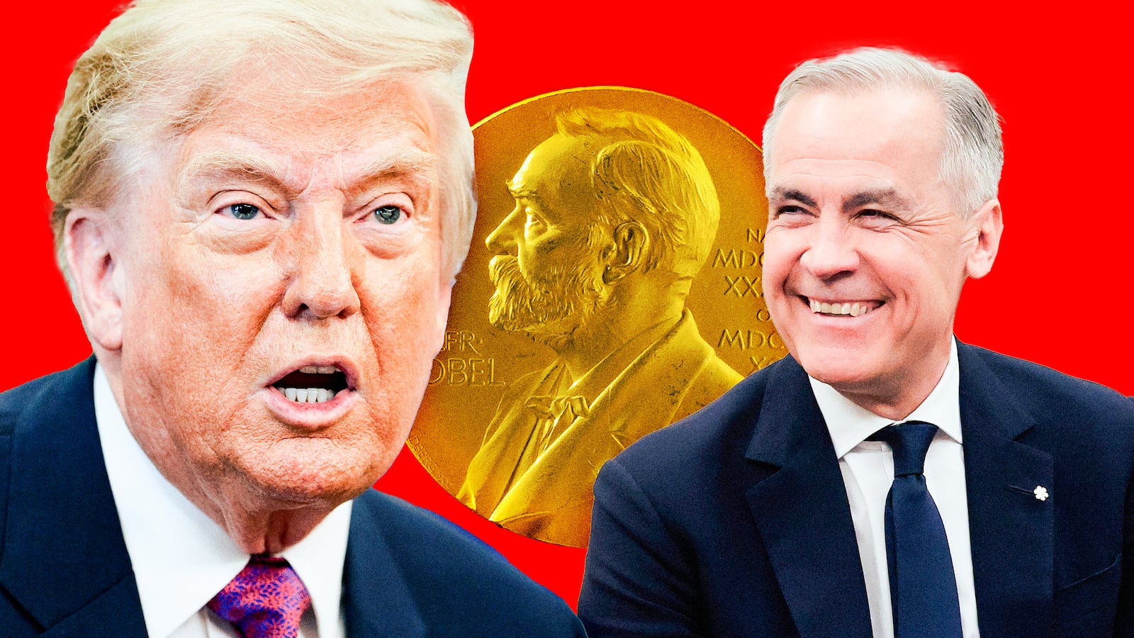 A photo illustration of Donald Trump and Mark Carney and the Nobel Prize.