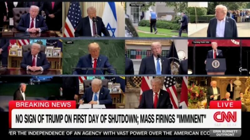 Unlike in the past two weeks, Trump wasn't in front of cameras Wednesday, the first day of the government shutdown.