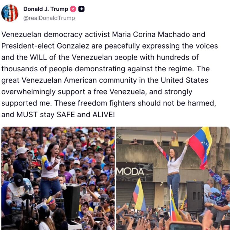Trump's Truth Social post, Donald Trump, and Machado and Gonzalez
