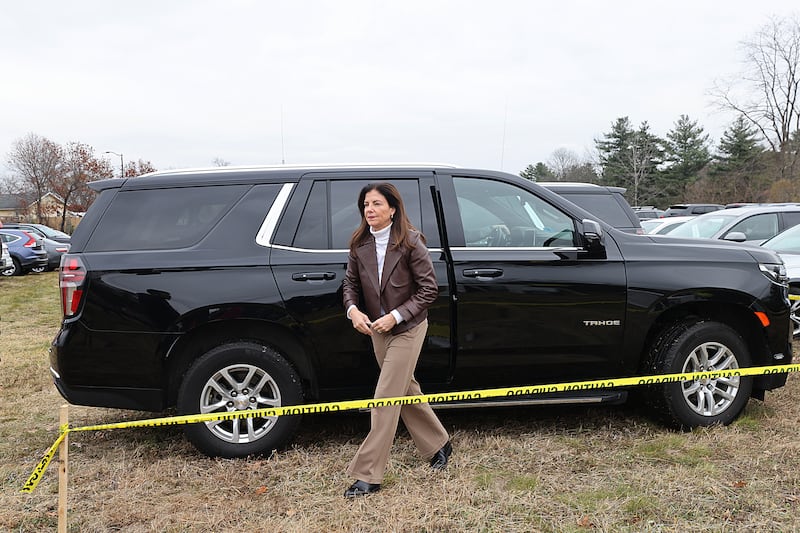 New Hampshire Governor Kelly Ayotte exits her vehicle to attend a ceremonial ground breaking for a new housing development on November 21, 2025.