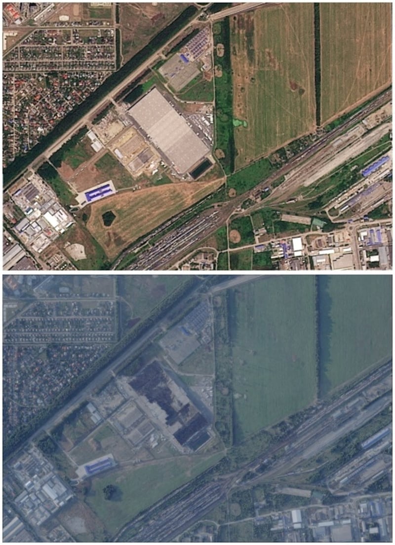 A combination picture shows satellite imagery of a Wildberries facility in Krasnodar, Krasnodar region, Russia (top) taken on July 12, 2026 before a Ukrainian drone attack, and a damaged Wildberries facility after a Ukrainian drone attack (bottom) taken on July 28, 2026. 2026 Planet Labs PBC/Handout via REUTERS THIS IMAGE HAS BEEN SUPPLIED BY A THIRD PARTY. MANDATORY CREDIT.