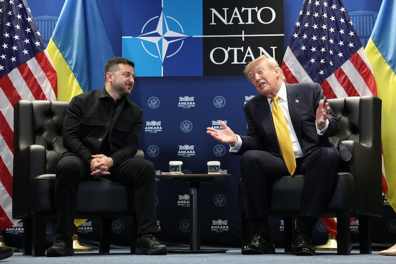 U.S. President Donald Trump (R) meets with Volodymyr Zelenskyy, President of Ukraine (L) for bilateral talks