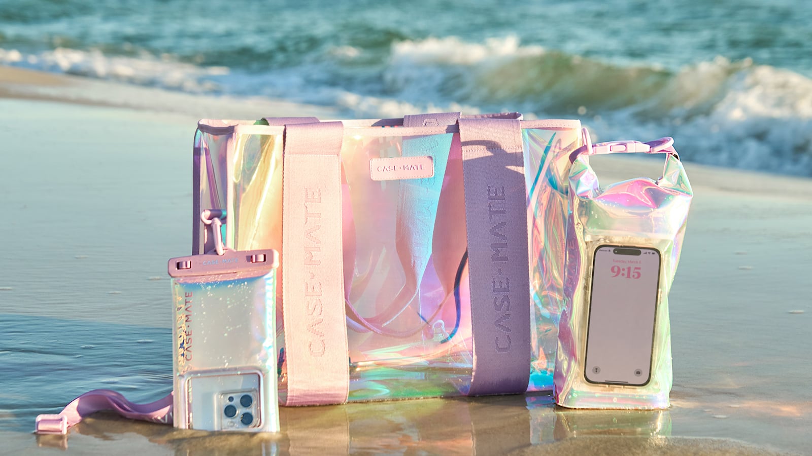 Case-Mate water-resistant tote, phone pouch, and phone case.