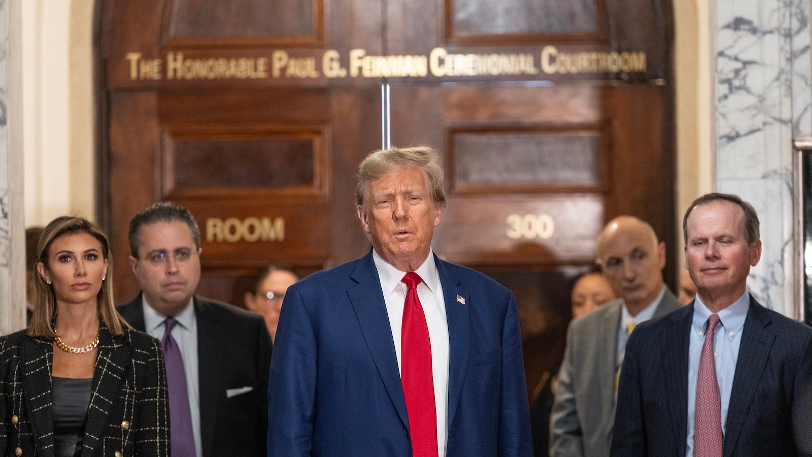 Former President Donald Trump speaks to the press before closing arguments at his civil fraud trial at State Supreme Court.