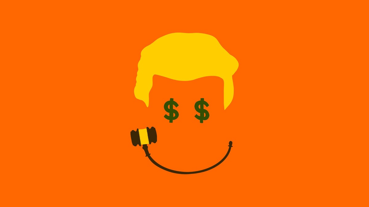 Illustration of a modified smiley face with Donald Trump’s hair, money signs as eyes, and a judge’s gavel as a mouth.