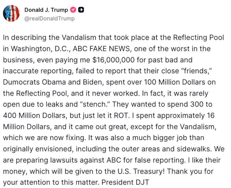 Donald Trump Truth Social post about reflecting pool vandalism