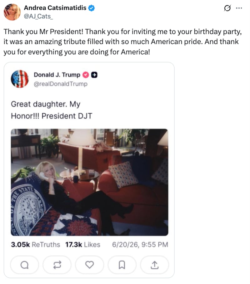 Andrea Catsimatidis X post addressing Trump