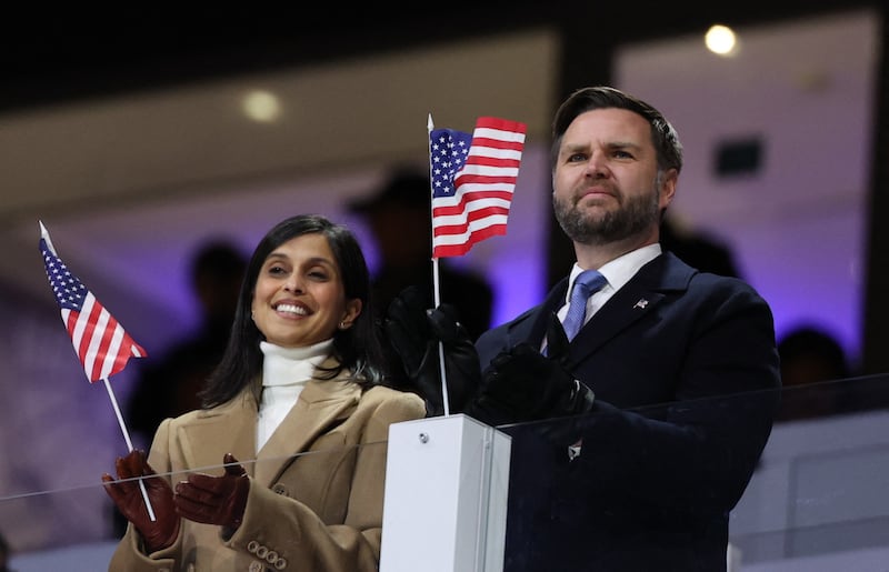 Milano Cortina 2026 Olympics - Opening Ceremony - San Siro Stadium, Milan, Italy - February 06, 2026. U.S. Vice President JD Vance and Second lady Usha Vance during the opening ceremony REUTERS/Yara Nardi