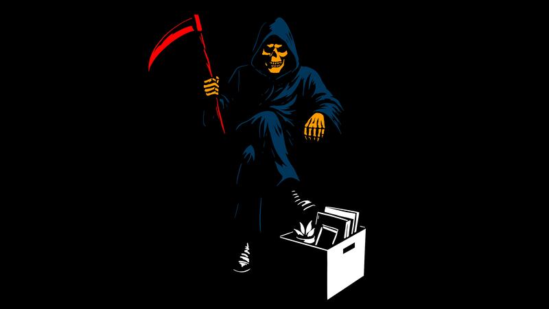 Grim Reaper with a red scythe and orange skull and hands in front of a box used to clear out your desk when fired