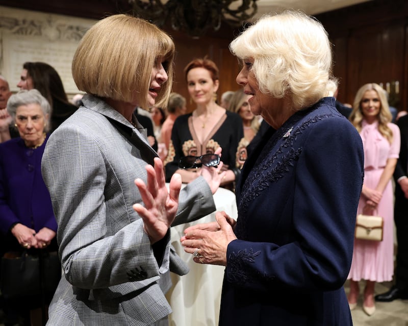 Queen Camilla greets Anna Wintour during a literary engagement at New York Public Library on day three of the State Visit of King Charles III and Queen Camilla to the United States of America, on April 29, 2026 in New York.