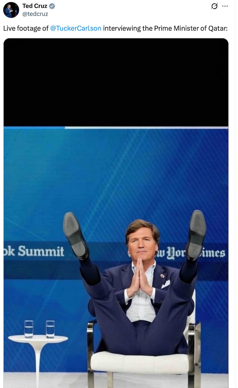 Ted Cruz posts about Tucker Carlson on X.