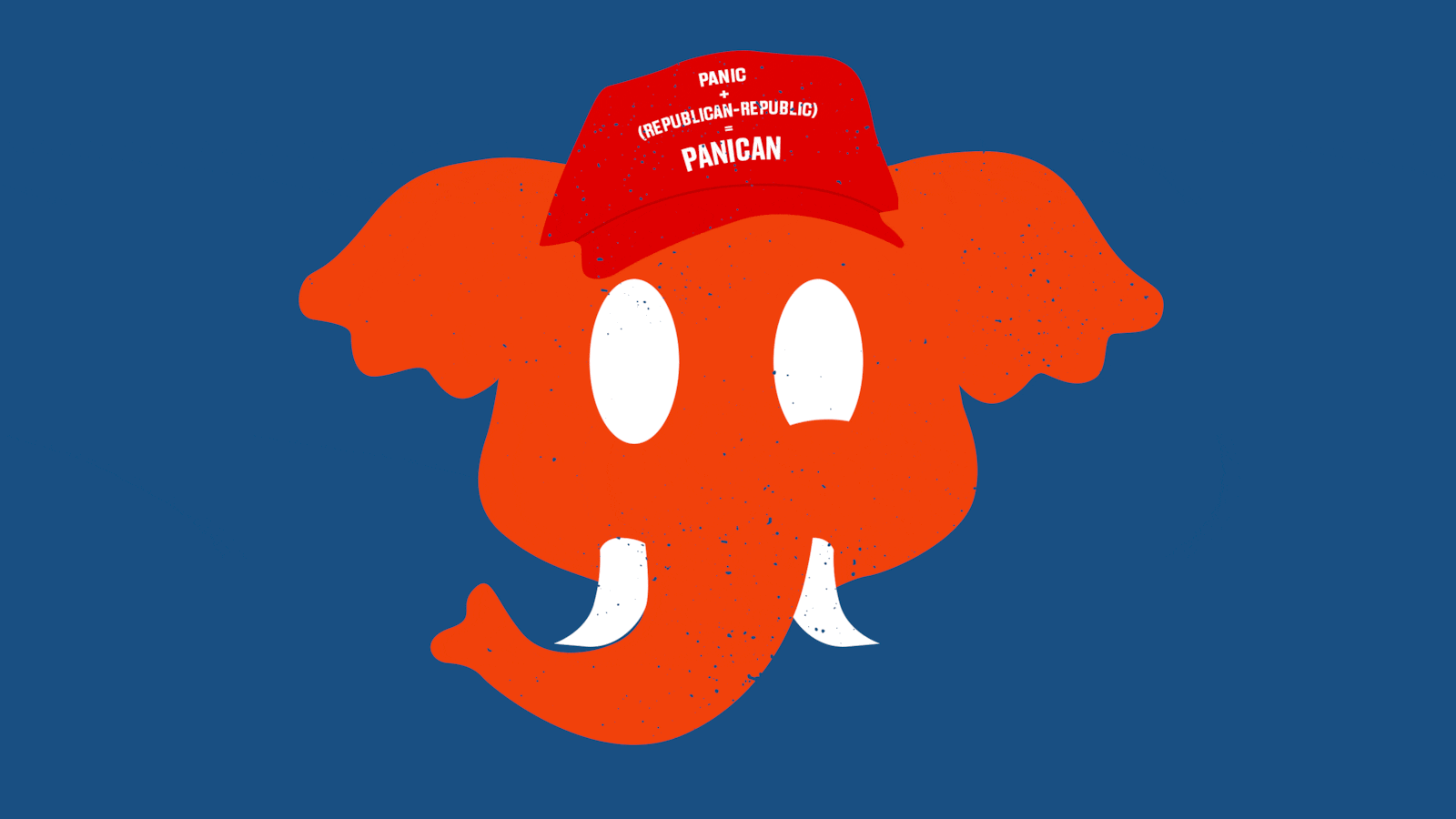 Red elephant with a twitching eye with a maga hat with "panican" written on it instead of maga