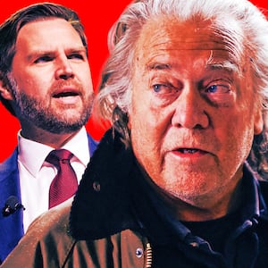 A photo illustration of JD Vance and Steve Bannon.