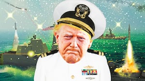 A photoillustration illo of Donald Trump and U.S. Navy graphic of the planned Trump-class USS Defiant (BBG-1) battleship.