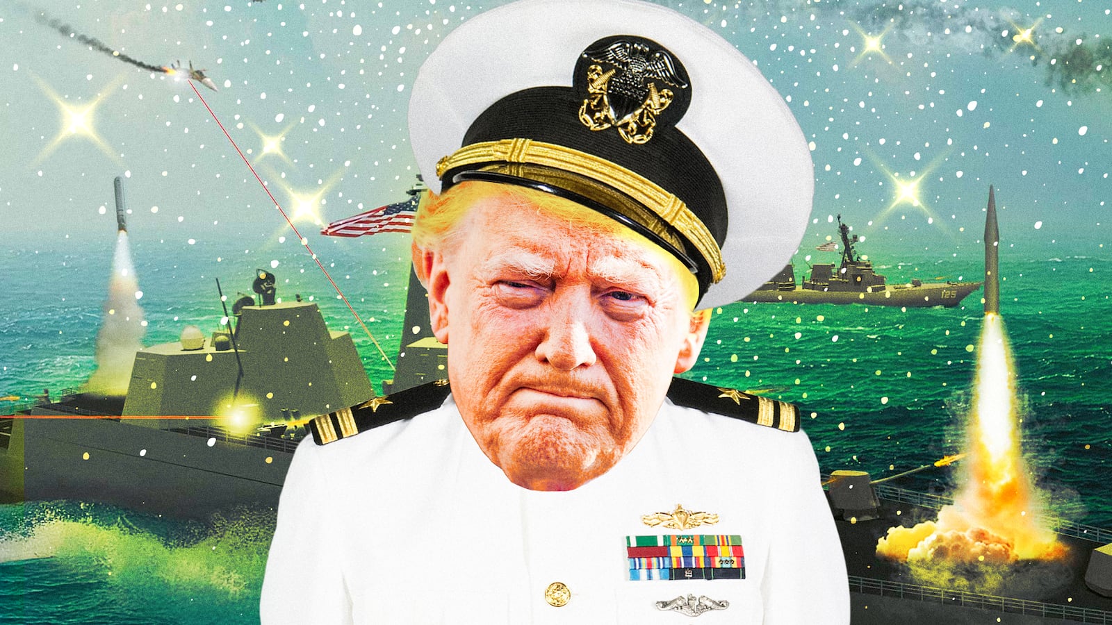 A photoillustration illo of Donald Trump and U.S. Navy graphic of the planned Trump-class USS Defiant (BBG-1) battleship.