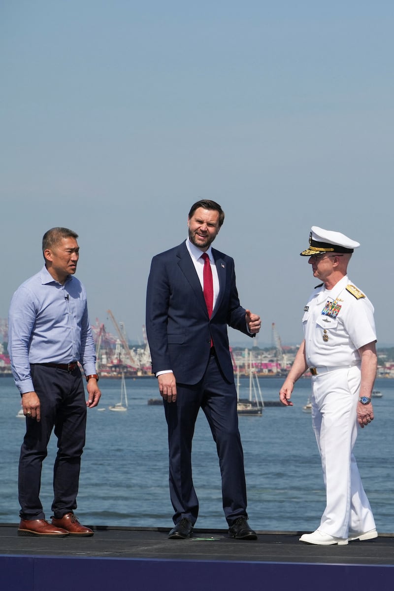 Acting U.S. Secretary of the Navy Hung Cao and U.S. Vice President JD Vance aboard the Wasp-class amphibious assault ship USS Kearsarge Navy, during the Sail 250 parade of ships in New York Harbor, as the United States celebrates its 250th anniversary on Independence Day in New York City, U.S., July 4, 2026. REUTERS/David Dee Delgado