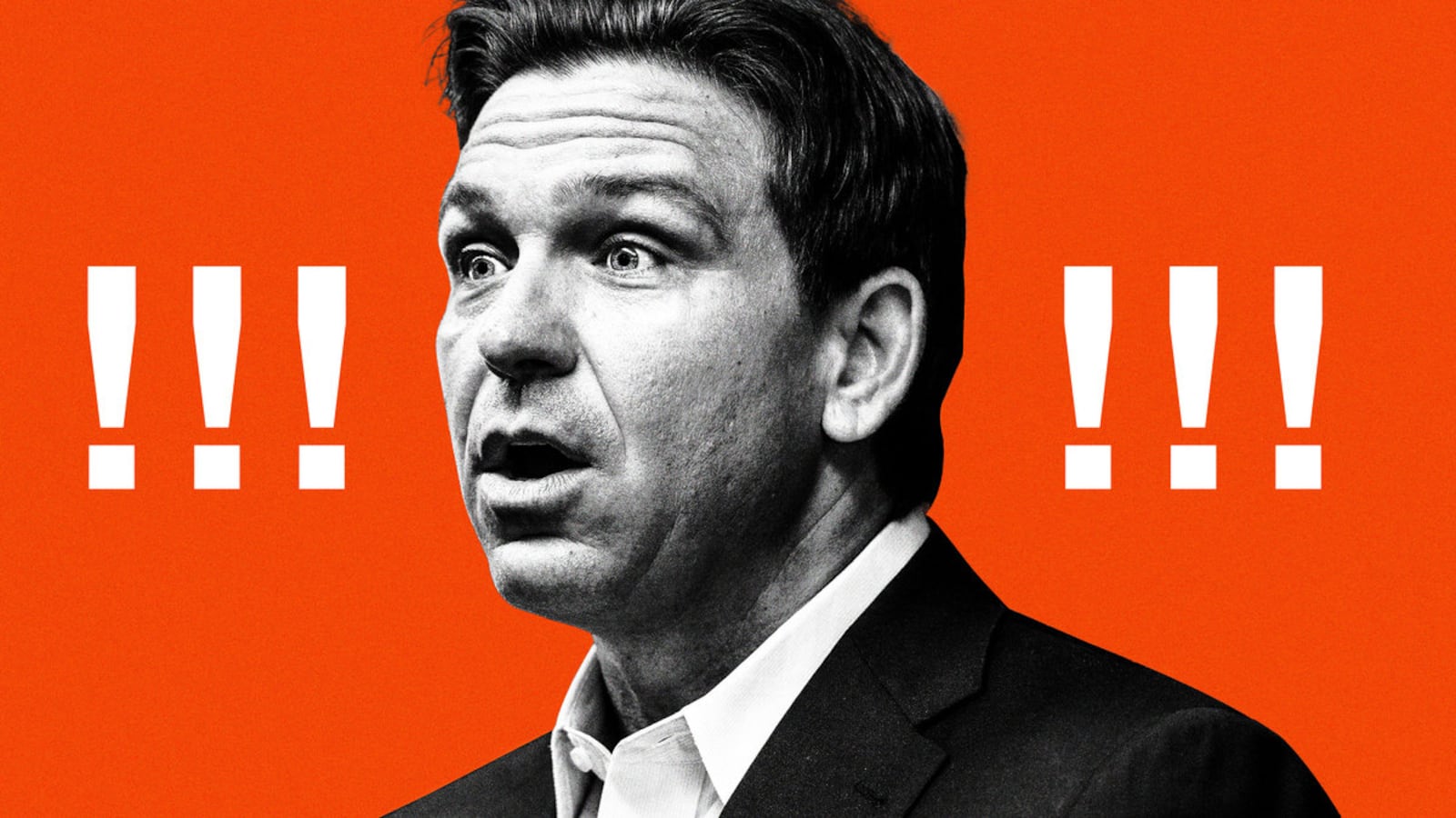 An illustration including a photo of Ron DeSantis and exclamation marks