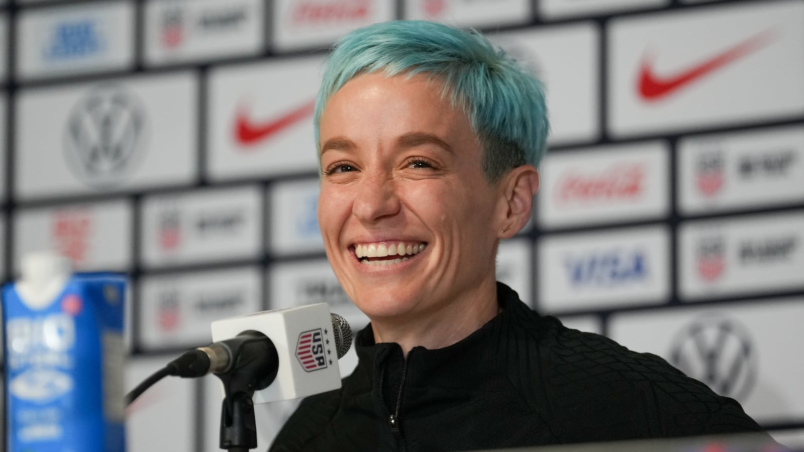 Megan Rapinoe #15 of the United States announces she will retire at the end of the 2023 NWSL season during a press conference prior to the training session at PayPal Park on July 08, 2023 in San Jose, California.