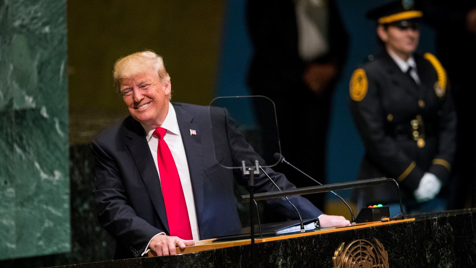 President Donald Trump reacts to audience laughter during his speech at the United Nations General Assembly in New York on September 25, 2018.