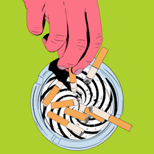 Hand putting out a cigarette in an ashtray with a hypnosis spiral in the base