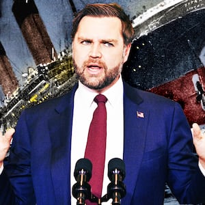 A photo illustration of JD Vance in front of the Titanic sinking.