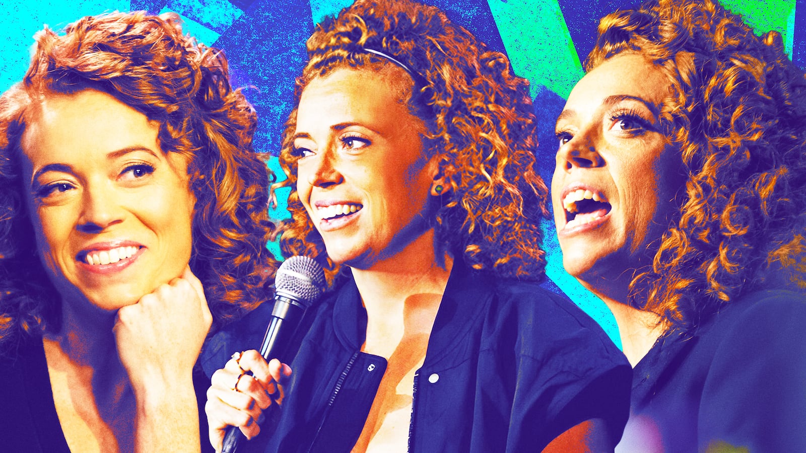 A photo illustration of Michelle Wolf.