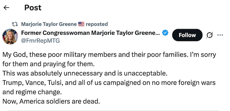 Marjorie Taylor Greene blamed Trump for the casualties.