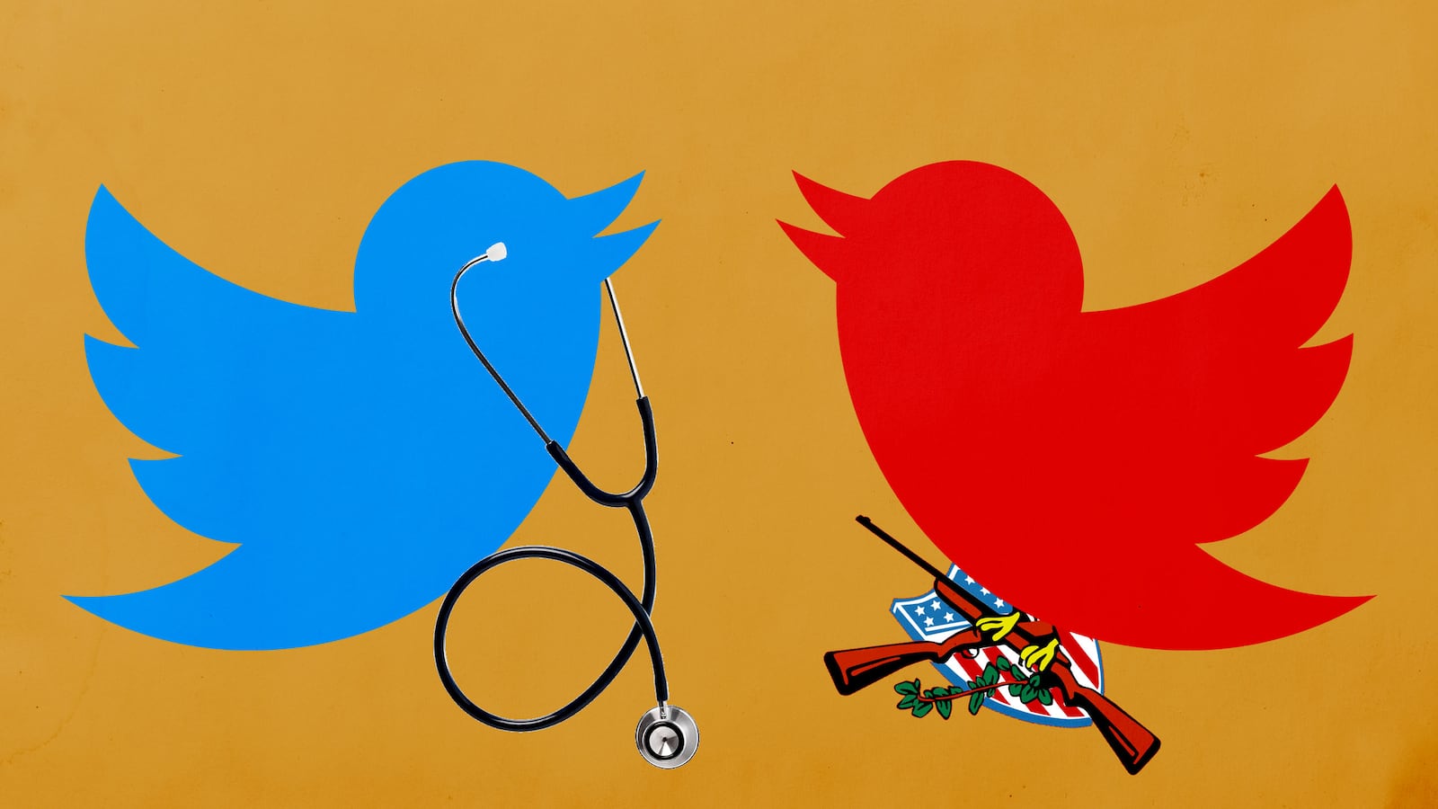 image of twitter bird in blue carrying doctor's stethoscope and twitter bird in red carrying gun nra national rifle association joseph sakran megan ranney johns hopkins brown affirm thousand oaks california shooting gun violence control