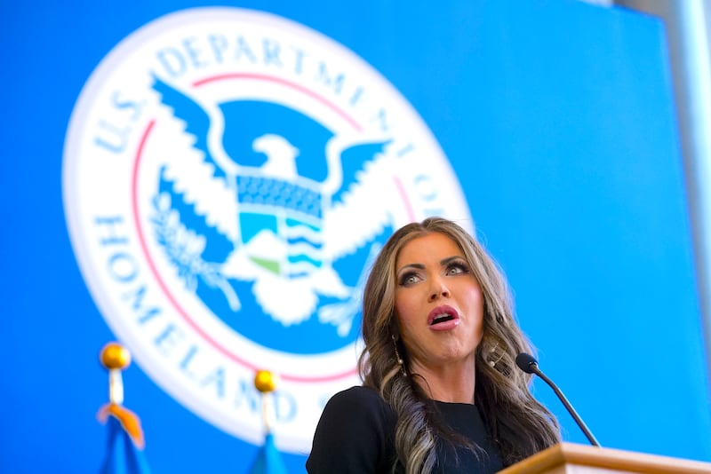 Homeland Security Secretary Kristi Noem speaks to employees at the Department of Homeland Security, Tuesday, Jan. 28, 2025, in Washington.