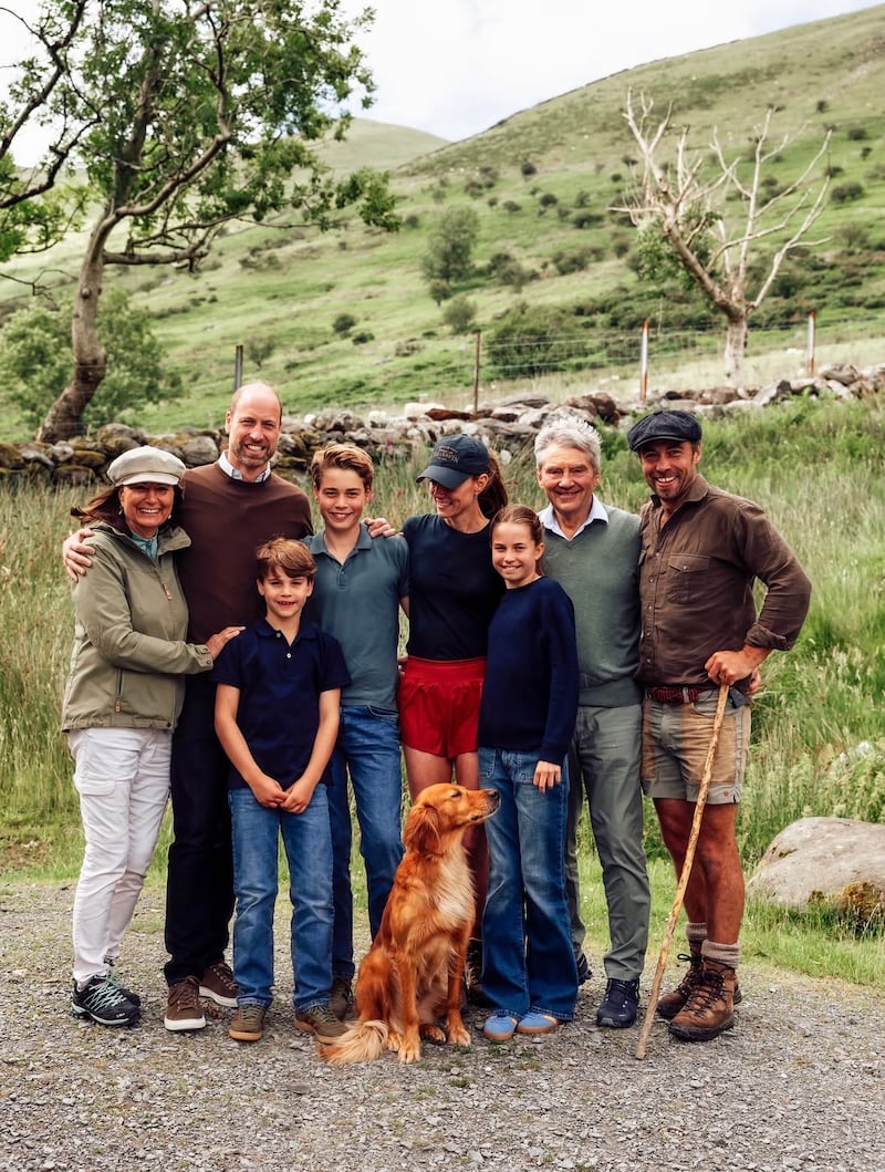 Kate Middleton’s family welcomed her back from her grueling hike. Pictured here with Carole Middleton, Prince William, Prince Louis, Prince George, Princess Charlotte, Michael Middleton, and James Middleton.