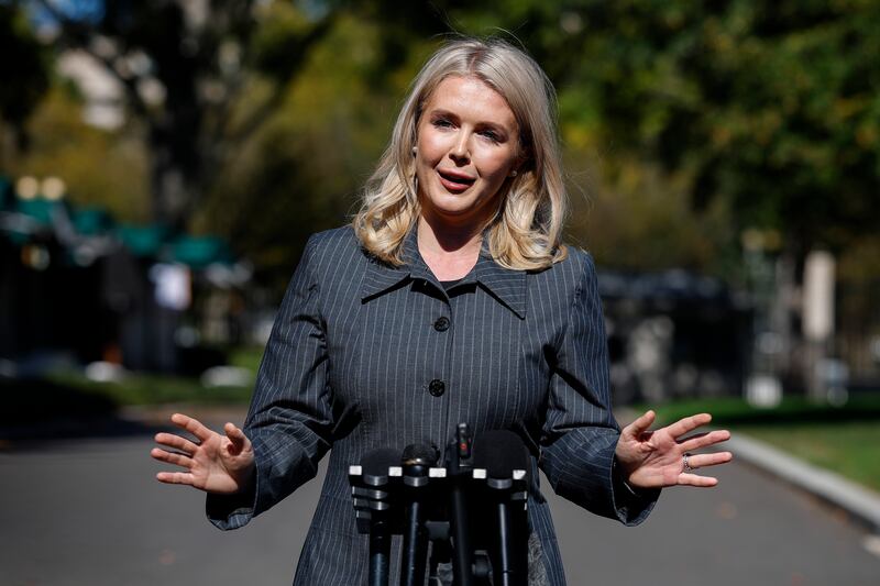 White House Press Secretary Karoline Leavitt speaks to reporters outside of the White House on October 16, 2025 in Washington, D.C..