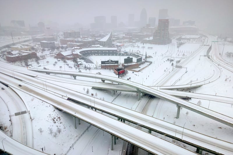 In an aerial view, downtown Louisville and snowy interstate conditions are seen on January 25, 2026 in Louisville, Kentucky