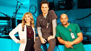 SCRUBS - ABC's “Scrubs” stars Sarah Chalke as Elliot Reid, Zach Braff as John "J.D." Dorian, and Donald Faison as Christopher Turk.