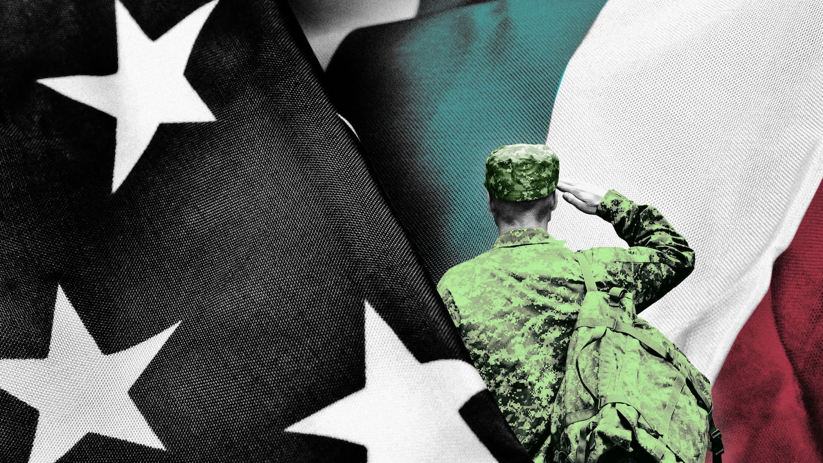 An illustration including a photo of a veteran and the American flag borrowing from the colors of the transgender flag.