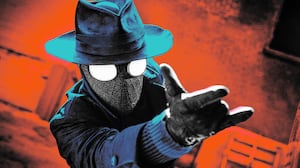 A photo illo illustration of Nicolas Cage as The Spider in Spider-Noir.