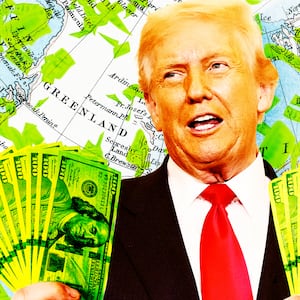 A photo illustration of Donald Trump holding money in front of a map of Greenland.