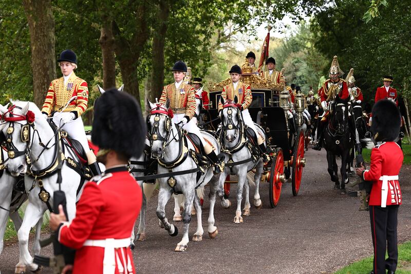 King Charles III and U.S. President Donald Trump travel by coach to  Windsor Castle
