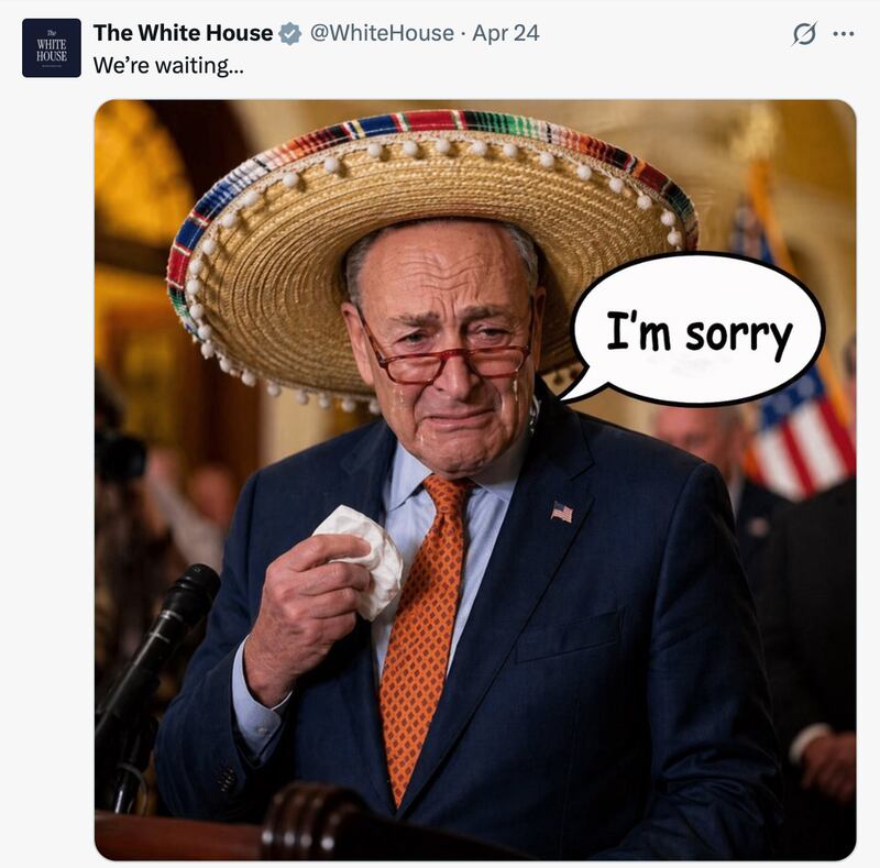 The White House's official X account and their AI Chuck Schumer post.