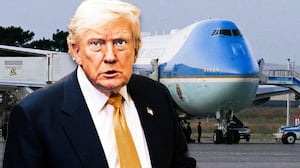 A photo illustration of Donald Trump and a old VC-25A Air Force One parked on the tarmac prior to departure with President from Ankara Esenboga Airport in Ankara, Turkey, on July 8, 2026, after attending the NATO Summit.