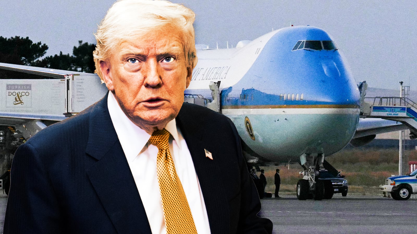 A photo illustration of Donald Trump and a old VC-25A Air Force One parked on the tarmac prior to departure with President from Ankara Esenboga Airport in Ankara, Turkey, on July 8, 2026, after attending the NATO Summit.