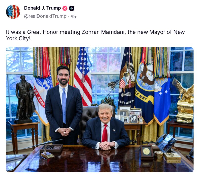 Trump Truth Social post about Zohran Mamdani meeting