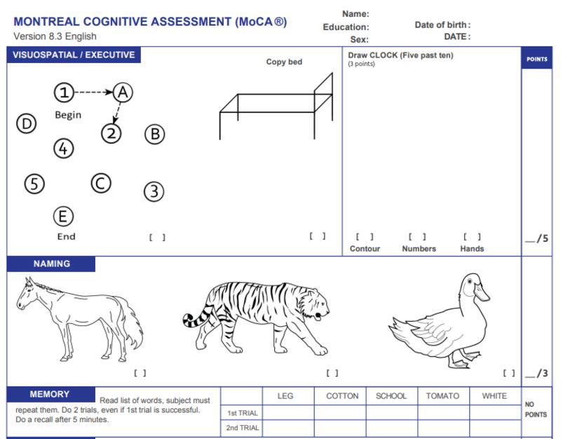 Questions from the Montreal Cognitive Assessment.