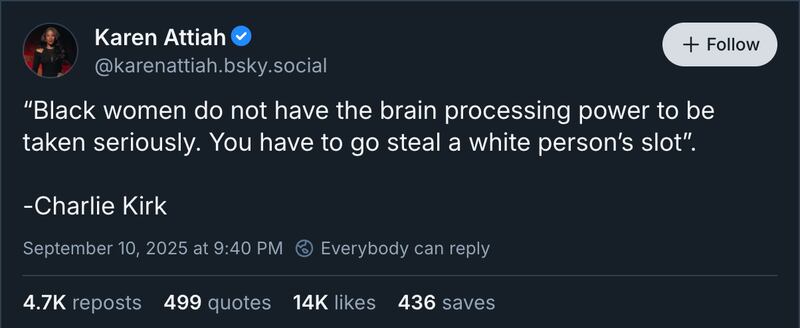 Critics of Karen Attiah have seized on this BlueSky post from last week in particular.