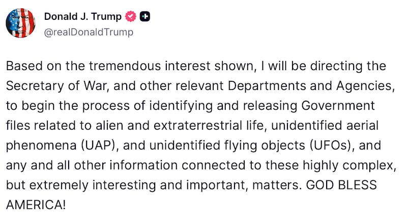 Donald Trump posts on Truth Social about an investigation into aliens.