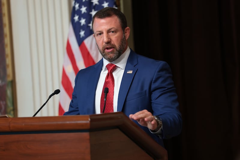 Secretary of Homeland Security Markwayne Mullin held a press conference on July 17, 2026 in Washington, DC to discuss election security ahead of the midterms where he threatened blue states ahead of the midterms.