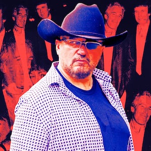 A photo illustration of founder of the Oathkeepers Stewart Rhodes and photos of a Jeffrey Epstein, Ghislaine Maxwell, and Donald Trump.