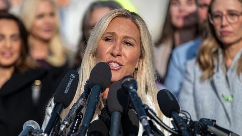 Representative Marjorie Taylor Greene speaks during a press conference on the "Epstein Files Transparency Act" at the U.S. Capitol in Washington, DC on November 18, 2025 ahead of the vote in the House.
