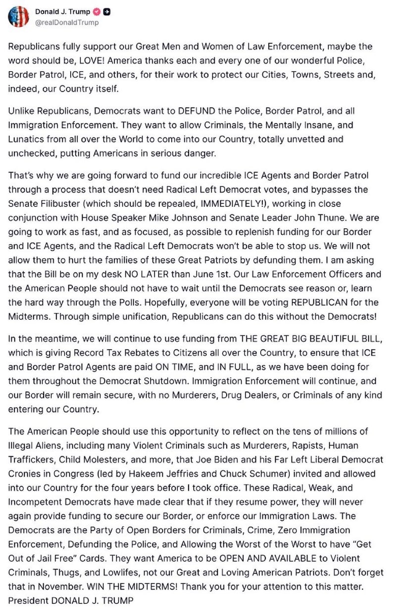 Trump's Truth Social post.