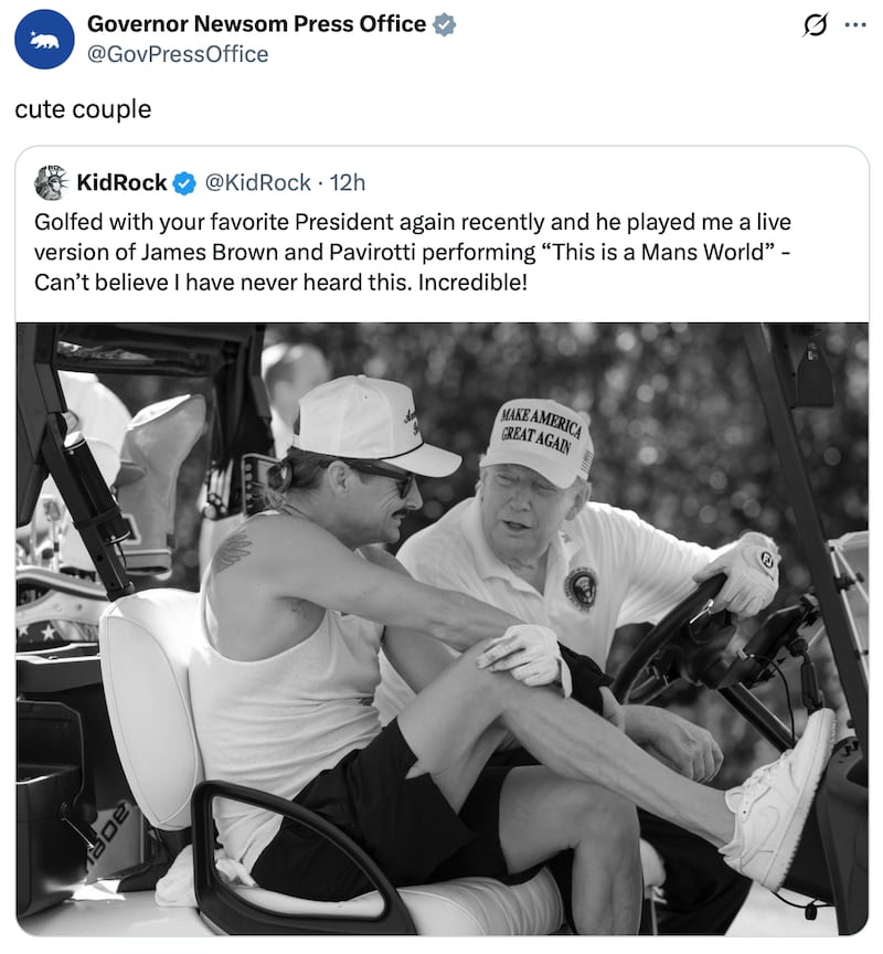Gavin Newsom mocks Kid Rock and Donald Trump's golfing post.
