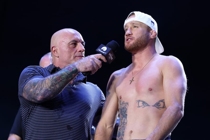 White House UFC Master of ceremonies Joe Rogan interviews Justin Gaethje during weigh-ins for the UFC event at the White House.